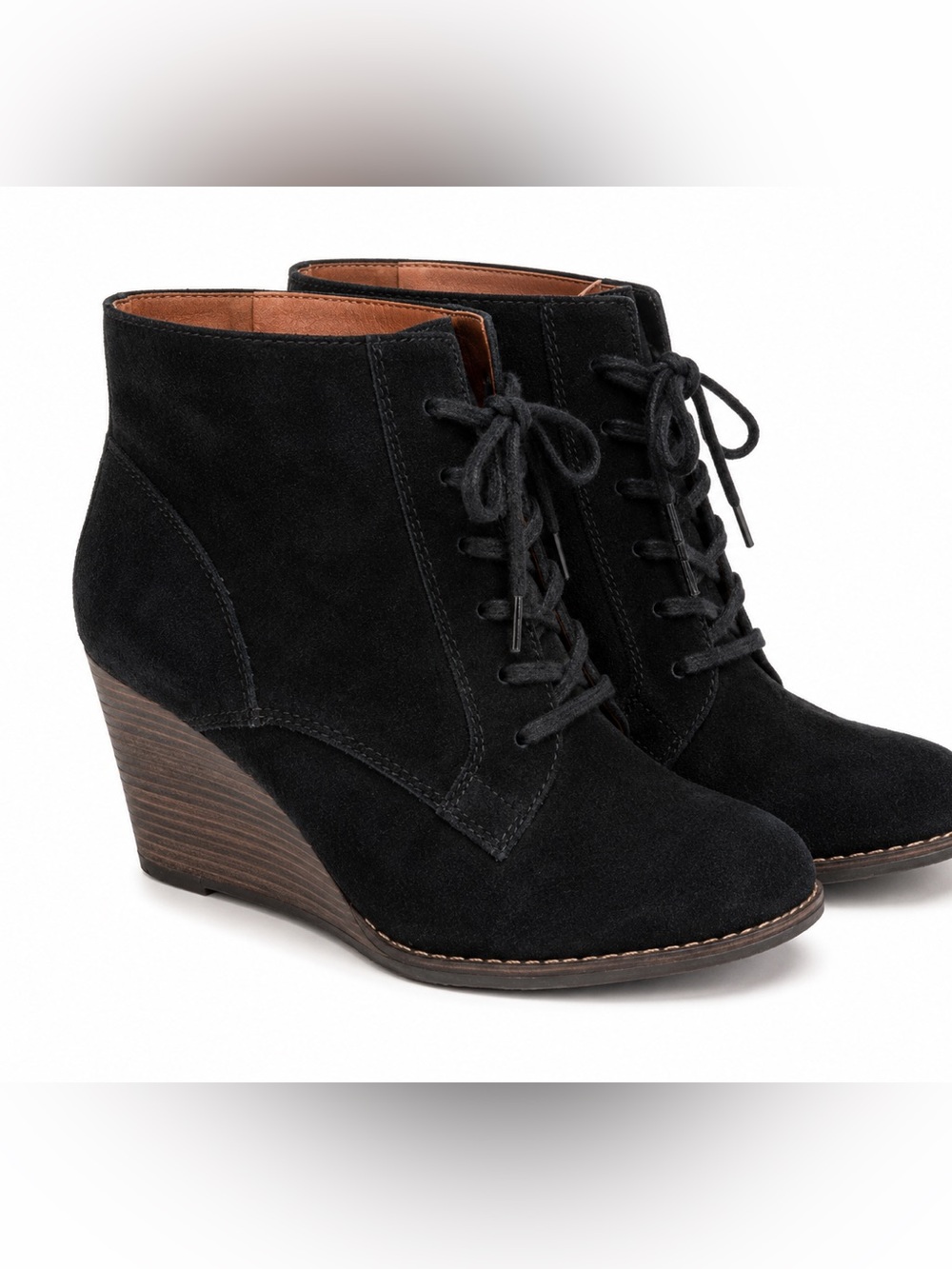 Lucky Brand Yelloh Round Toe Suede black‎ lace up wedge Bootie womens size 8.5